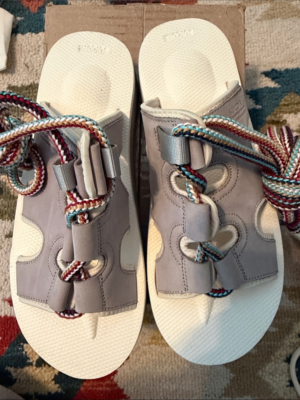 Suicoke Light Gray Nubuck Slide Sandals with Multicolor Rope Laces